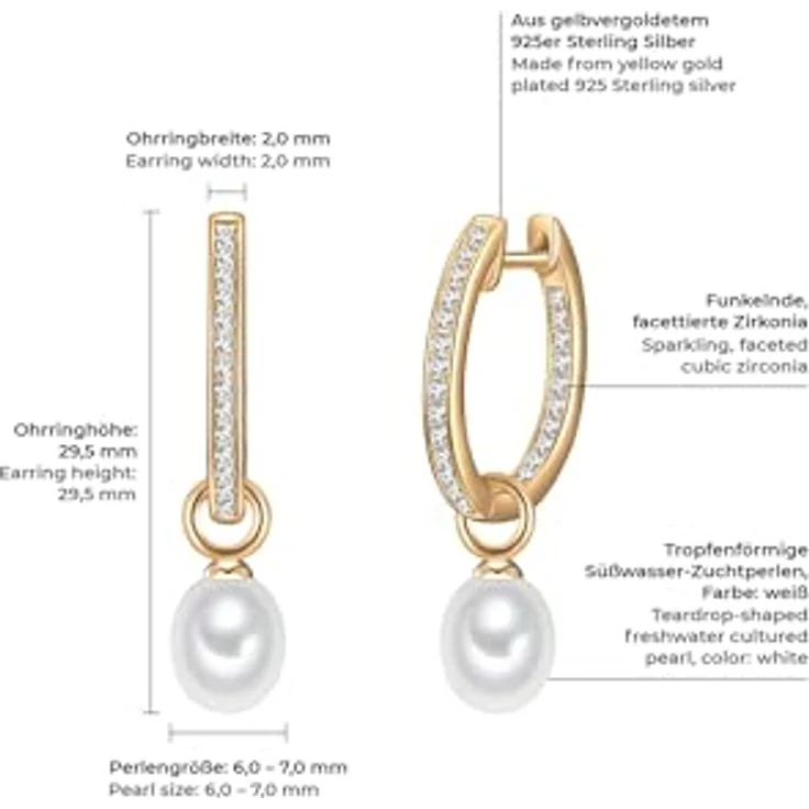 Valero Pearls Damen-Creolen 925er Sterling Silber gelbvergoldet mit weißen Süßwasser-Zuchtperlen, Ohrhänger im Glamour-Design – Bild 2