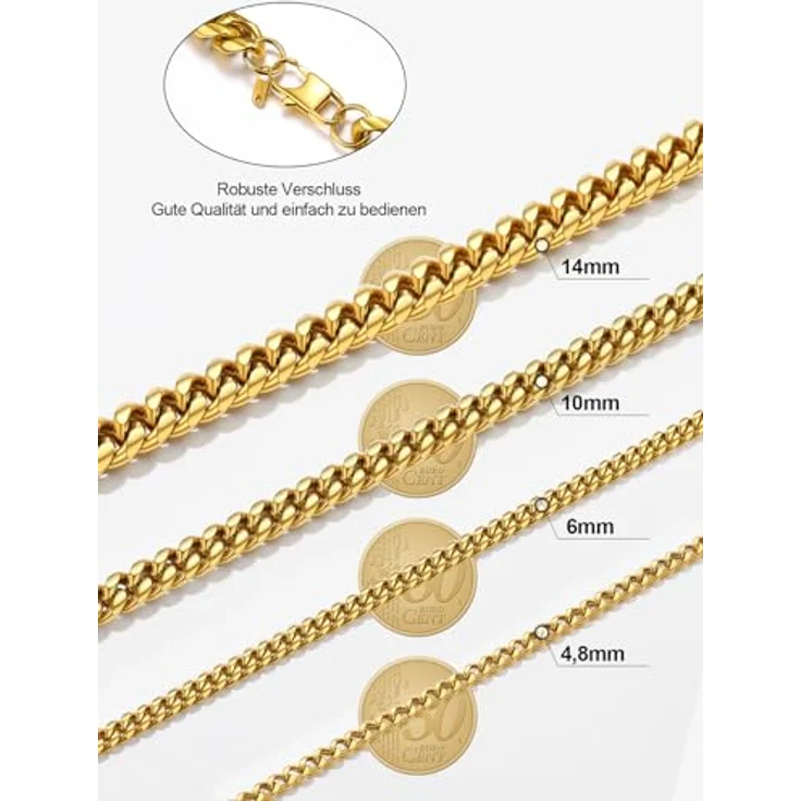 PROSTEEL Herren Hip-Hop Street Style Halskette, 14mm breite 18k vergoldete Panzerkette, 71 cm lang, gold – Bild 5