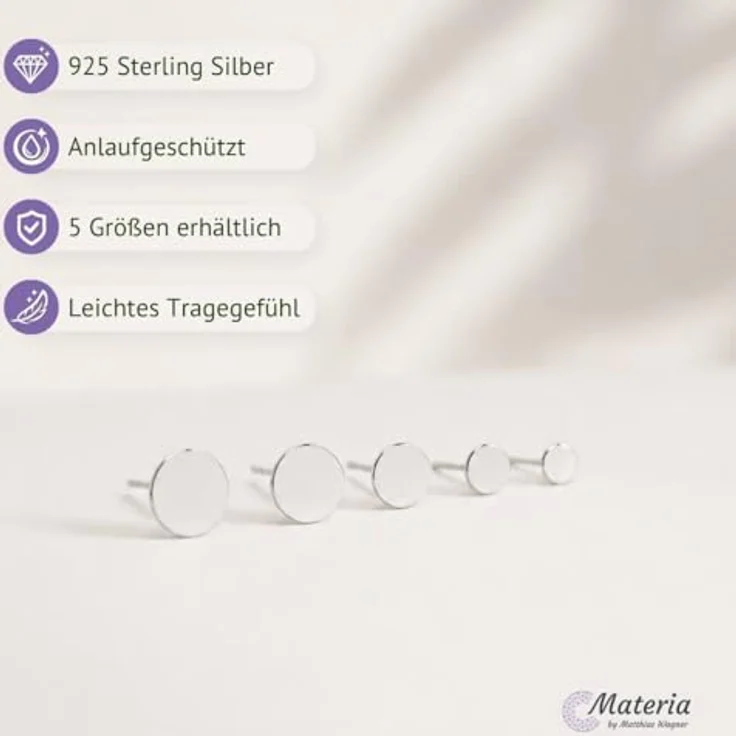 MATERIA Herren Ohrstecker SO-438, 925 Sterling Silber, runde flache Plättchen, 5mm, mit Anlaufschutz – Bild 3