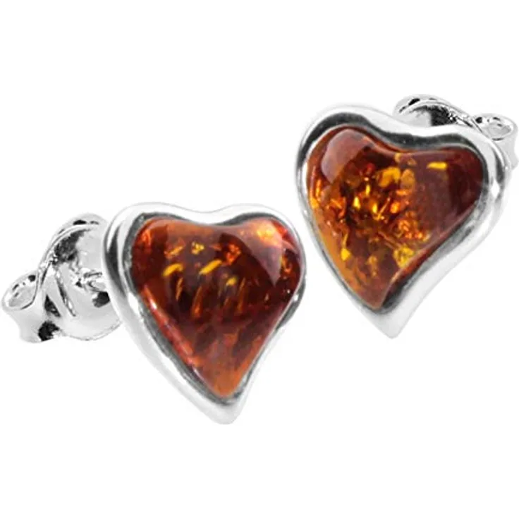 OSTSEE-SCHMUCK Paar Ohrstecker Herz, Sterlingsilber 925/000 mit leuchtenden Bernsteinen, 2-tlg