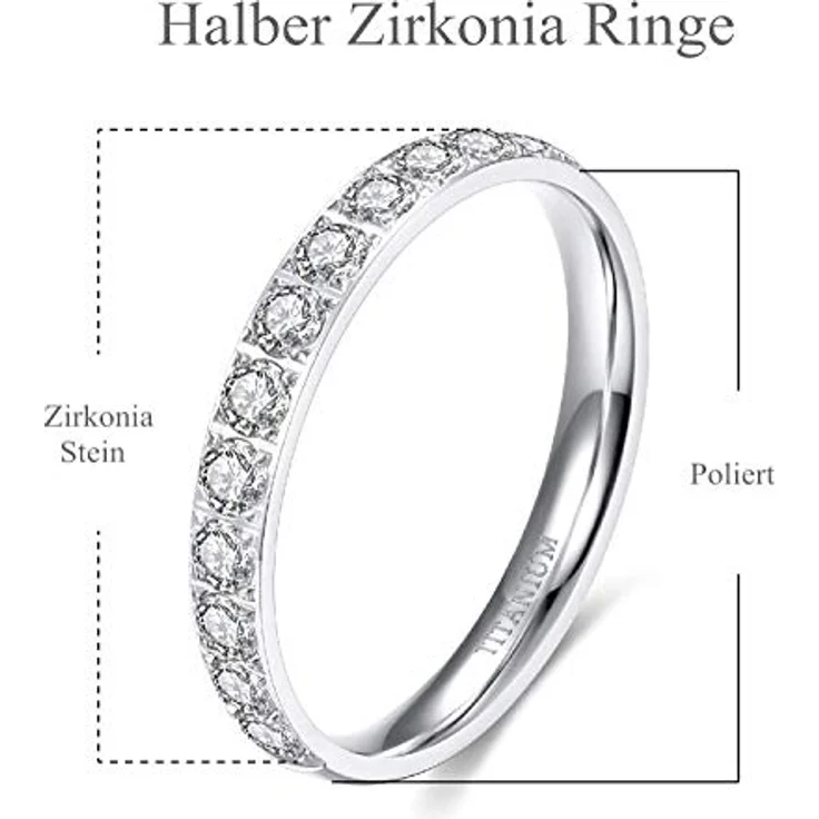 Zakk Eternity Ring, 3mm Titan Ewigkeitsring mit Zirkonia, Silber-halb, Größe 51 (16.2) – Bild 2