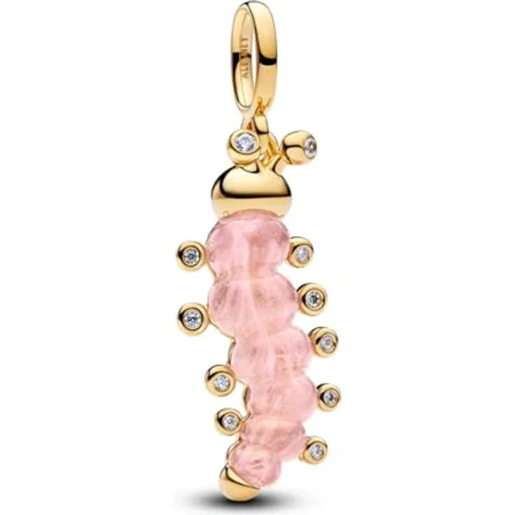 PANDORA Charm Raupe Rosa Anhänger, 14 Karat Vergoldung mit Muranoglas und Cubic Zirkonia, Gravur "The best is yet to come", kompatibel mit Moments, 764489C01