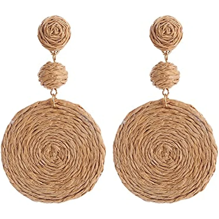 FDEETY Handgemachte Raffia Boho-Ohringe, Geometrische Creolen für Damen, Braun, 100% natürliche Rattanfaser, ultraleicht, perfekt als Geschenk – Bild 1
