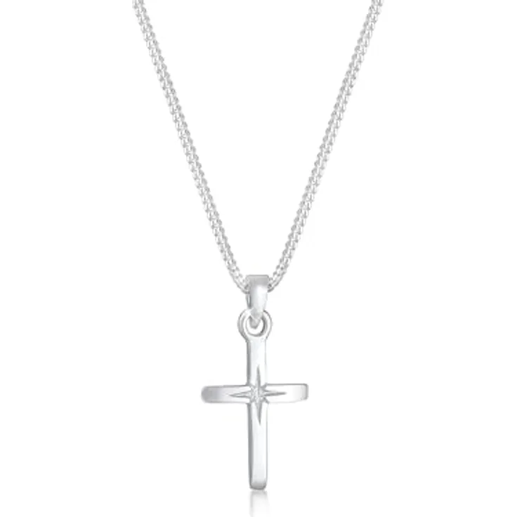 Elli Halskette Damen Kreuz Anhänger mit Sterngravur Glaube, 925 Sterling Silber vergoldet, anlaufgeschützt, handgefertigt