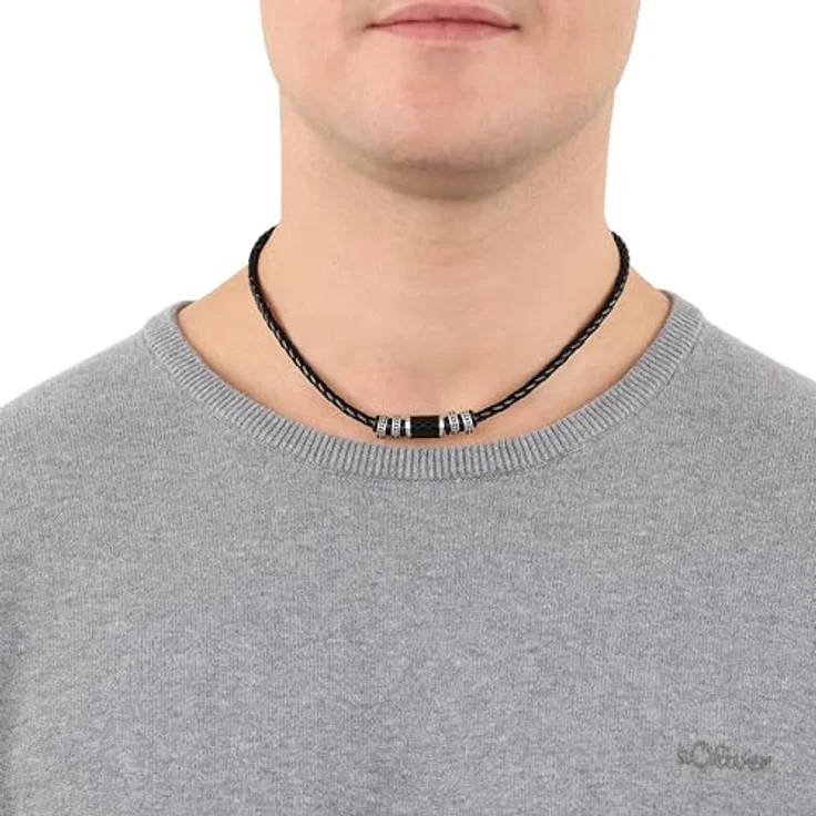 s.Oliver Halsband Edelstahl Carbon/Leder Herren Halsschmuck, 47+3 cm, Schwarz, mit Karabinerverschluss, Geschenkbox, 2026107 – Bild 2