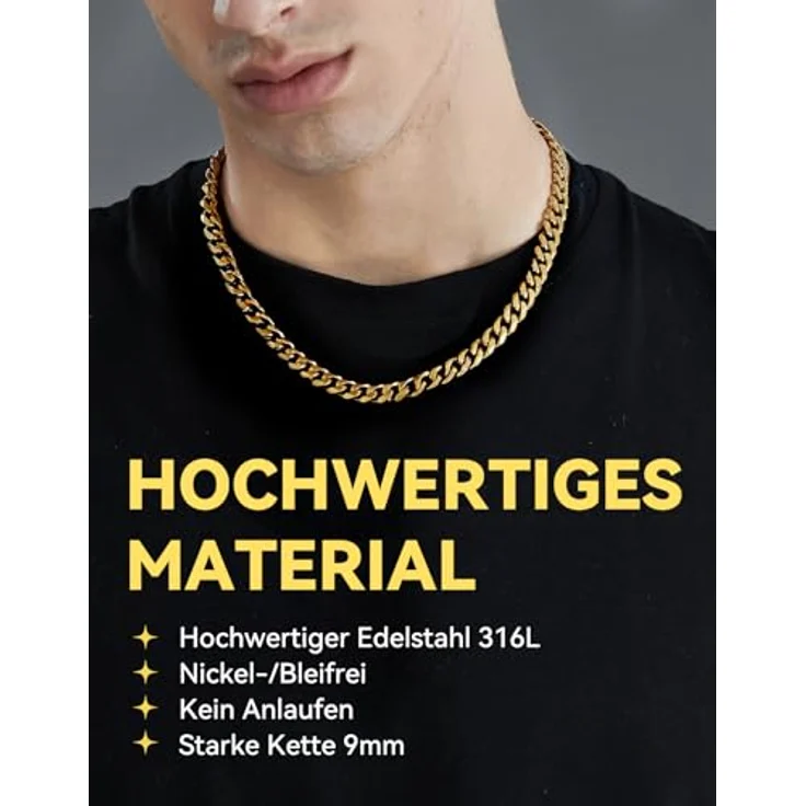 ChainsHouse Damen Halskette, 55cm vergoldete Edelstahl Panzerkette 9mm, antiallergisch, ideal als Geschenk für Mutter und Partner – Bild 3