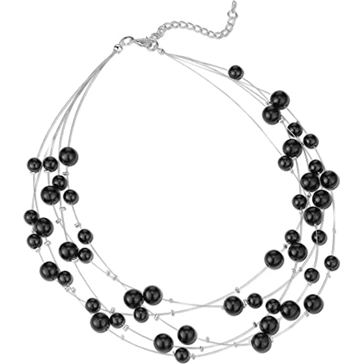 FULU AUTUMN Boho Perlenkette Damen Silber Statement Kette, mehrreihig, 17 Zoll (Black) – Bild 1