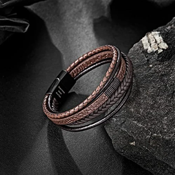 Speroto Lederarmband für Männer, geflochten aus Rindsleder und Edelstahl, braun, 23 cm mit Magnetverschluss – Bild 2