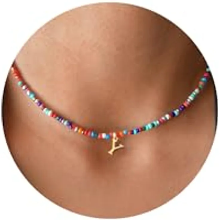 TINGN Bunte Perlenkette für Teenager Mädchen, Personalisierte Buchstaben Y Halskette aus Edelstahl mit gold Vergoldet, Verstellbare Länge 35cm + 5cm, Boho Schmuck für 7-10 Jahre