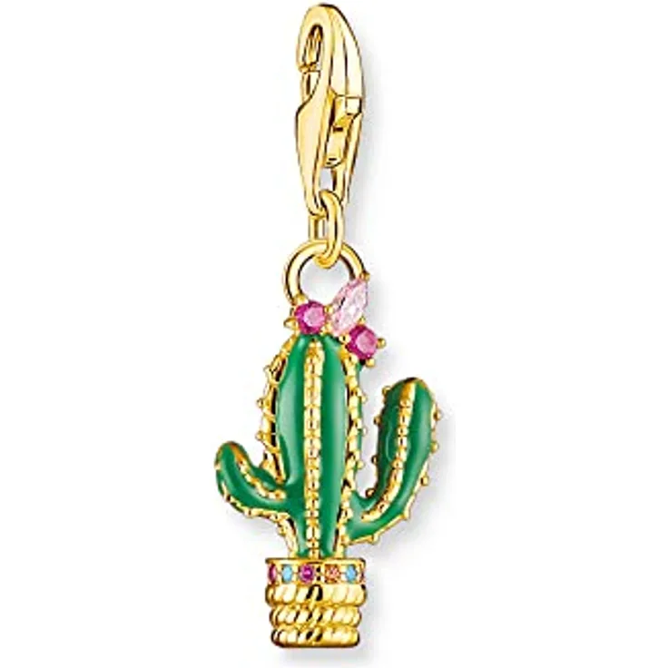THOMAS SABO Charm-Anhänger grüner Kaktus, 925er Sterlingsilber mit 750er Gelbgold-Vergoldung, grüne Kaltemaille und Steinbesatz, 28 x 10 mm, 1928-471-7