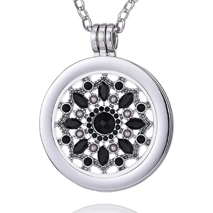 Morella Damen Halskette 70 cm Edelstahl mit Amulett und Coin 33 mm Blüte Zirkonia schwarz im Schmuckbeutel