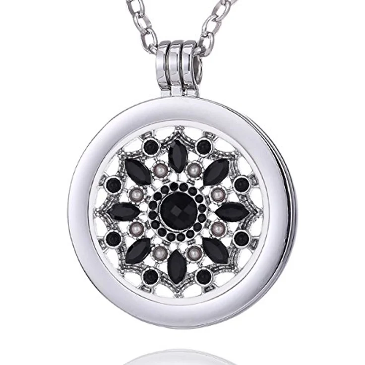 Morella Damen Halskette 70 cm Edelstahl mit Amulett und Coin 33 mm Blüte Zirkonia schwarz im Schmuckbeutel – Bild 1