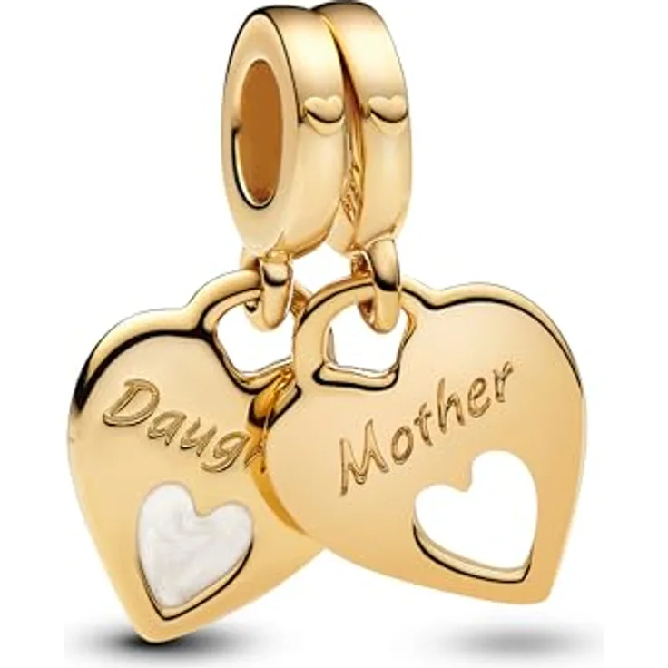 PANDORA Moments Doppeltes Herz Charm-Anhänger aus Sterling Silber mit vergoldeter Metalllegierung, graviert mit „Mother“, „Daughter“, „Forever“, kompatibel mit ME und Moments Armbändern, 769187C01