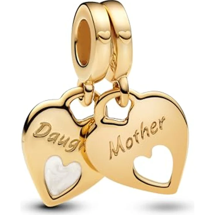 PANDORA Moments Doppeltes Herz Charm-Anhänger aus Sterling Silber mit vergoldeter Metalllegierung, graviert mit „Mother“, „Daughter“, „Forever“, kompatibel mit ME und Moments Armbändern, 769187C01 – Bild 1