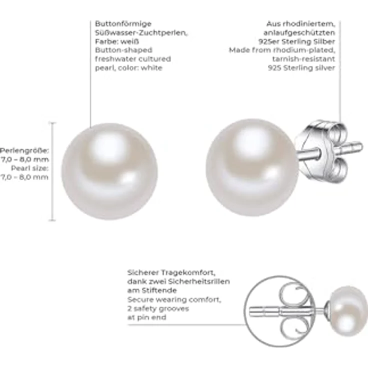 Valero Pearls Damen-Ohrstecker, Hochwertige Süßwasser-Zuchtperlen ca. 7 mm Button in Weiß, 925 Sterling Silber, Elegante Perlenohrringe mit echter Perlenfassung – Bild 2