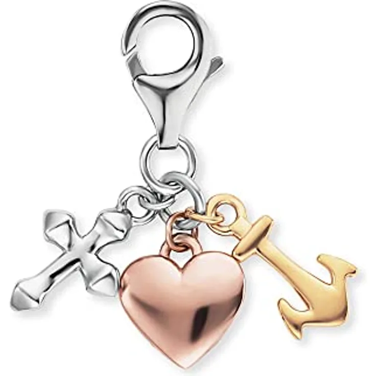 Engelsrufer Damen Charm Anhänger Liebe & Hoffnung, dreifach Silber, Gold und Roségold mit Kreuz, Herz und Anker, Sterling Silber, nickelfrei
