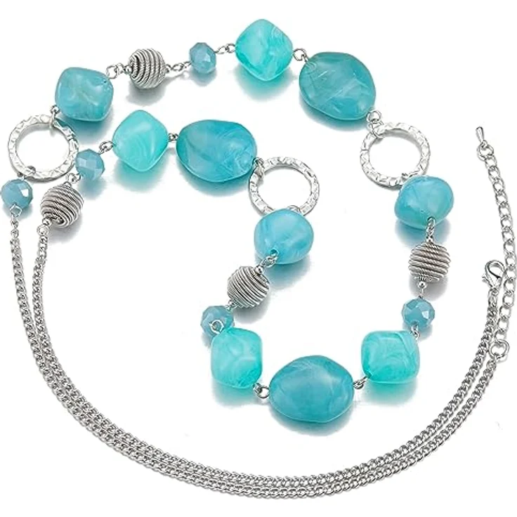 Bulinlin Silber Perplen Langkette für Damen, Boho Statement Chain Halskette in Dunkel Hell Türkis, 35+3 Zoll, langlebig und nickelfrei, ideales Geburtstagsgeschenk – Bild 2