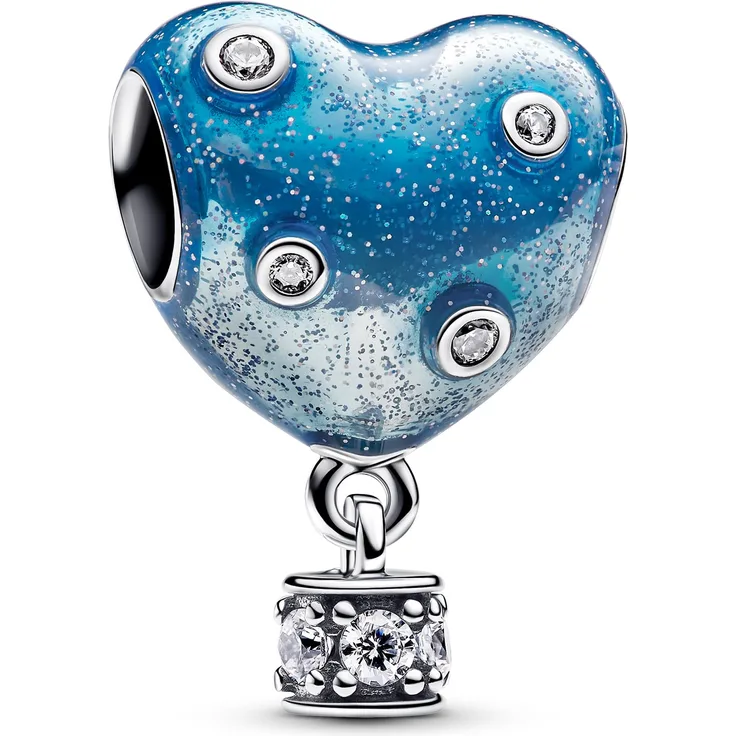 Pandora 793595C01 Charm Silber Heißluftballon Herz, Bead-Charm aus 925 Sterlingsilber mit blauer Emaille und Zirkonia, Größe 16 x 11,5 mm