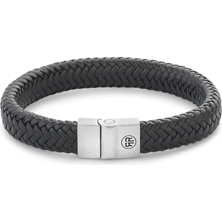 Rebel & Rose Herren-Lederarmband Schwarz, Full Metal Herringbone mit Steckschließe, 19 cm