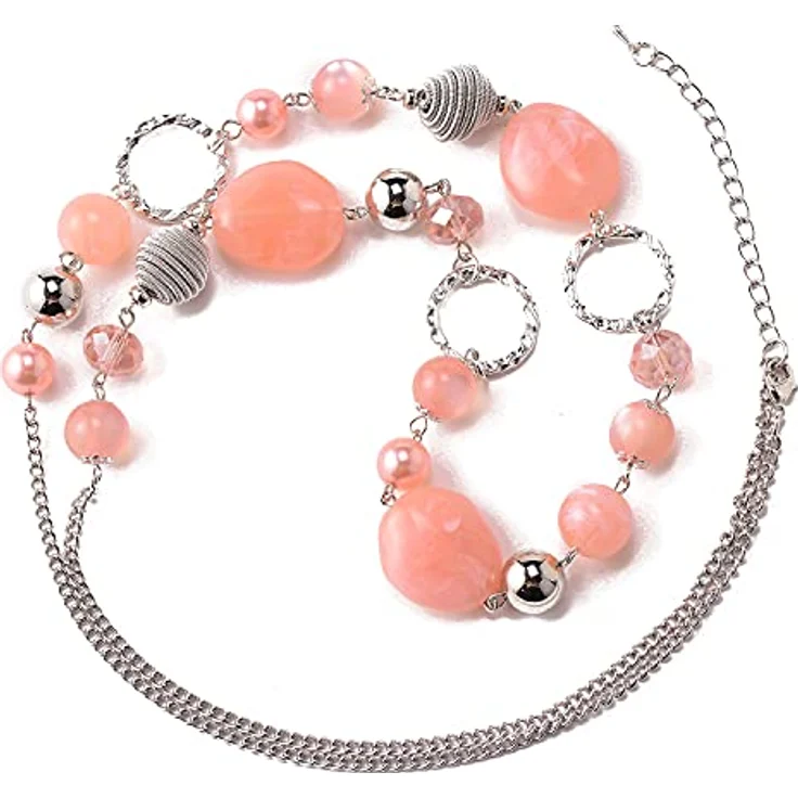 Bulinlin Lange Perlenkette für Damen, Statement Boho Silber Metall mit 35 Zoll + 3 Zoll Verlängerung in Pink, Modeschmuck für Hochzeitstag und Geschenke – Bild 2
