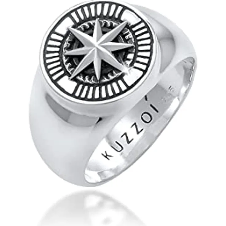 Kuzzoi Siegelring Herrenring, massiv 15 mm breit, 925 Sterling Silber schwarz oxidiert mit Kompass Symbol, Ringgröße 66
