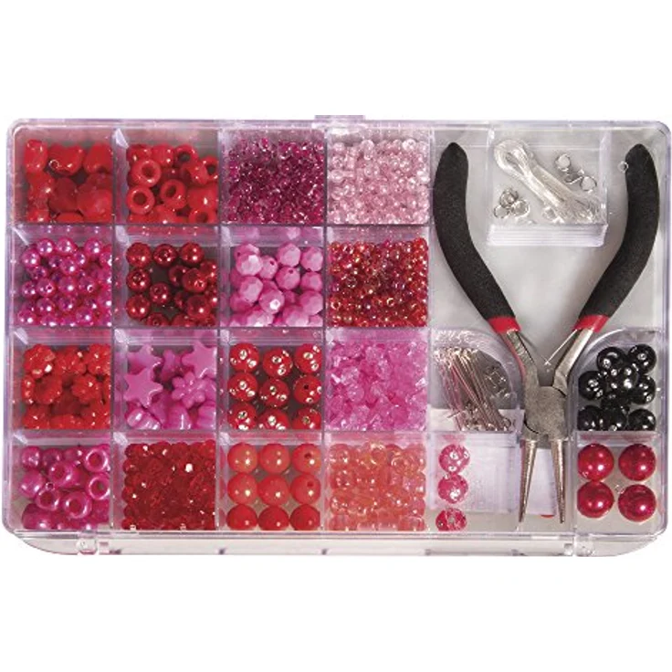 Rayher Perlen-Box 14797264, Kunststoffperlen in Rosé-/Pink-/Rottönen, 180 g, inklusive Zange und Schmuckzubehör, 20 x 13,5 cm – Bild 1