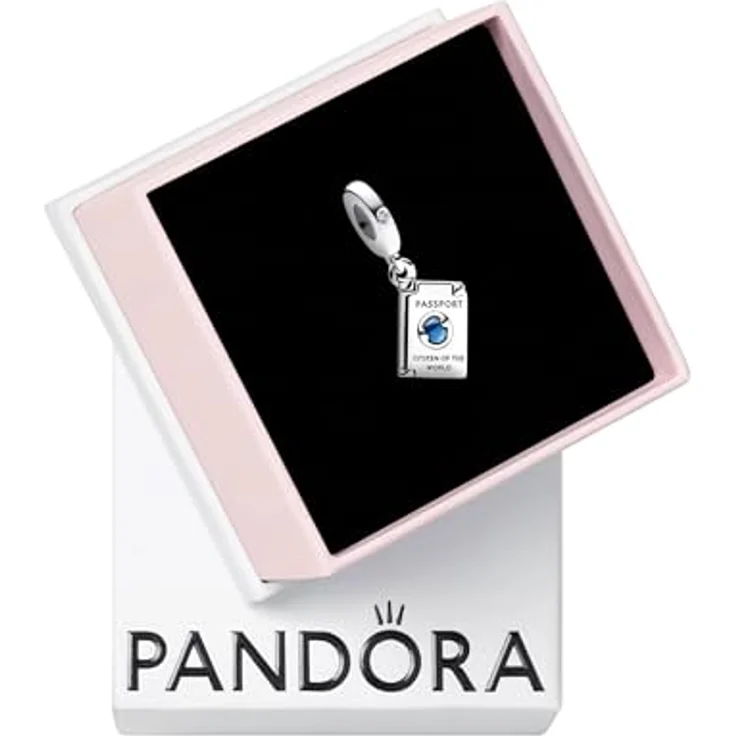 PANDORA Moments Aufklappbarer Reisepass Charm-Anhänger aus Sterling Silber mit blauer Emaillekugel und Cubic Zirkonia, kompatibel mit Moments, 792680C01 – Bild 1