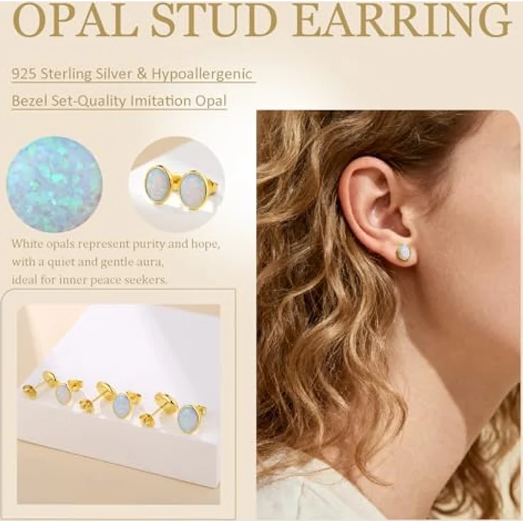 Jiahanzb Opal Ohrringe 925 Sterling Silber, ovale hypoallergene Ohrstecker mit 7 mm weißen Opalen, vergoldet – Bild 5