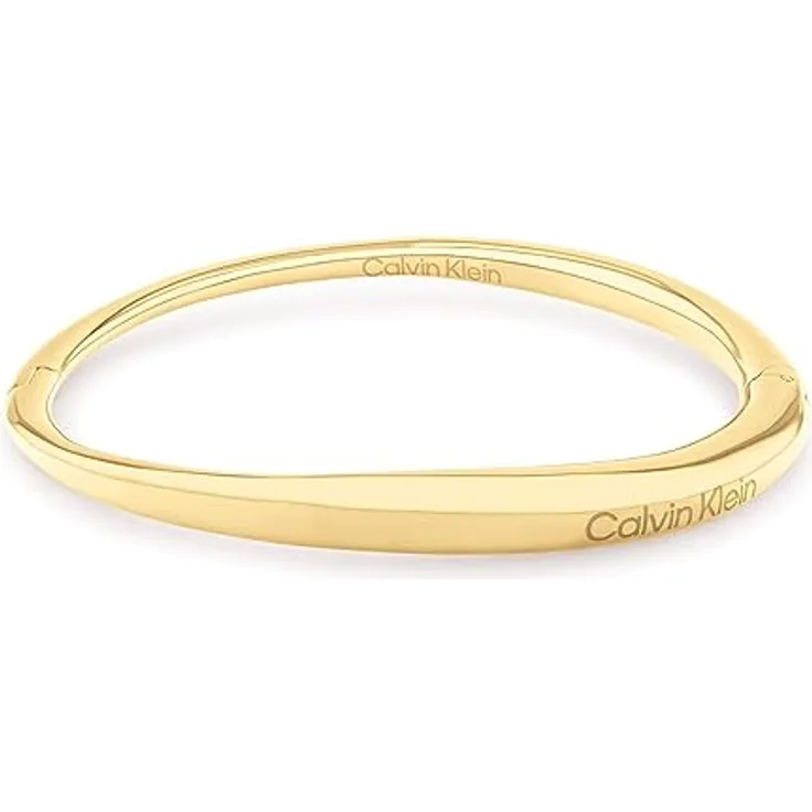 Calvin Klein ELONGATED DROPS Armreif für Damen aus poliertem Edelstahl mit gelbgoldener IP-Beschichtung, 16 cm Innenumfang, Klappverschluss und graviertem Logo