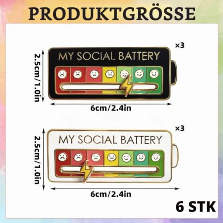 BaZuyunMd Social Battery Pin 6er Set, Anstecker mit 7 Emotionen, stylische Brosche in Weiß und Schwarz, 6×2.5cm – Bild 2