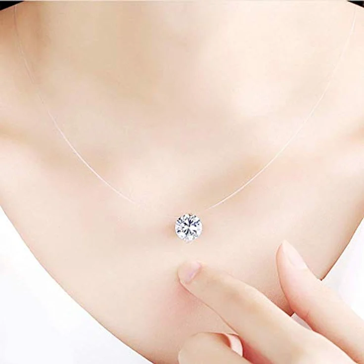 Belons 925 Sterling Silber Halskette mit 8mm Zirkonia Anhänger, unsichtbare Nylonkette Choker für Damen, 43.5cm Länge – Bild 3
