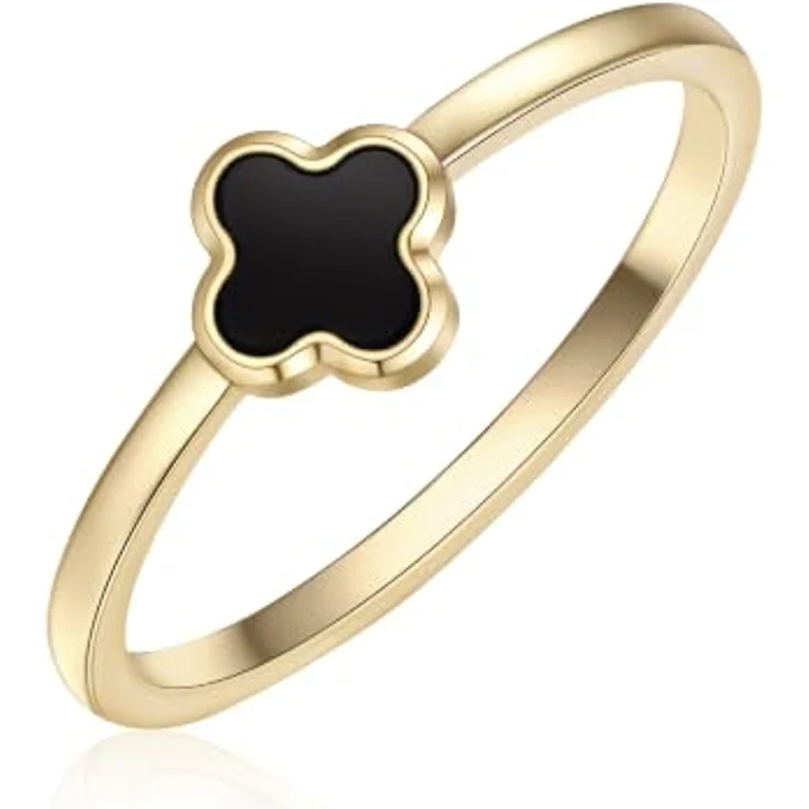 Glanzstücke München Fingerring Kleeblatt, Motivring aus Edelstahl in gelbgold mit schwarzem Achat – Bild 2
