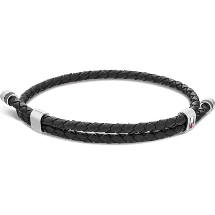 Tommy Hilfiger Jewelry Armband für Herren, Schwarzes Geflochtenes Leder in Doppelschlaufe, 19,5 cm, Edelstahl-Details, größenverstellbar