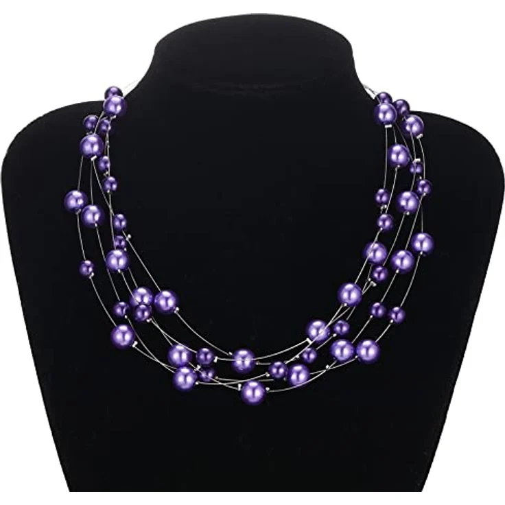 FULU AUTUMN Boho Perlenkette Damen Silber, mehrreihige Statement Kette in Lila, 17" + 2.7" Verlängerung, Geschenkbox – Bild 2
