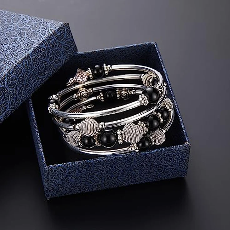 Bulinlin Wickelarmband aus Silber mit Naturstein Perlen, Boho Stil, mehrschichtig, Schwarz, für Damen, Geschenkbox enthalten – Bild 5