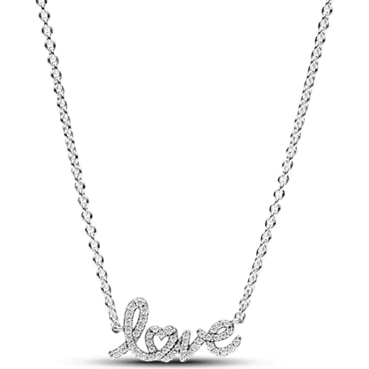 PANDORA Moments Funkelnde Handgeschriebenes Love Collier-Halskette, Sterling Silber mit Zirkonia, verstellbar auf 45cm, Anhänger in Herzform