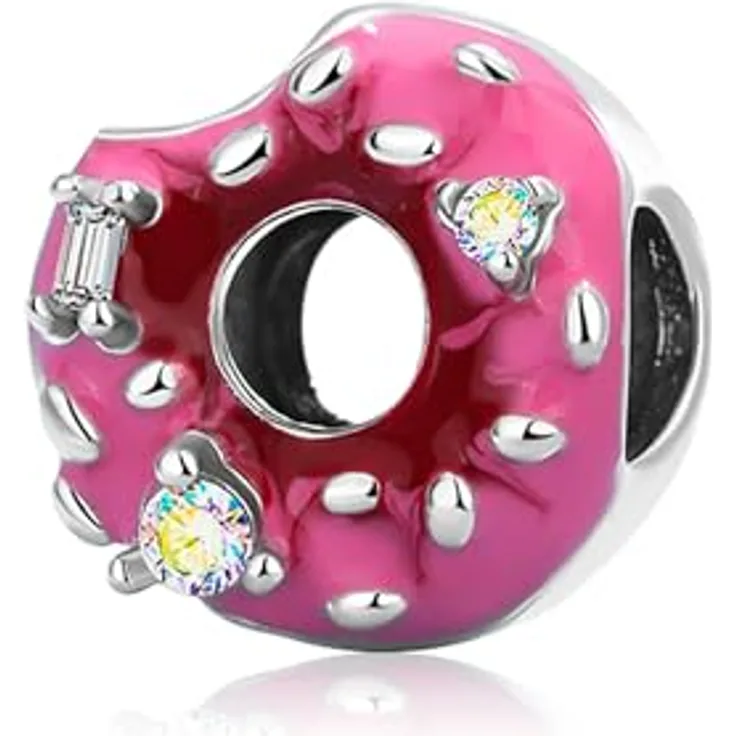 Anduonie Donut Charm Anhänger aus 925er Silber mit Gold Stopper, Rot, kompatibel mit europäischen Armbändern und Halsketten für Frauen
