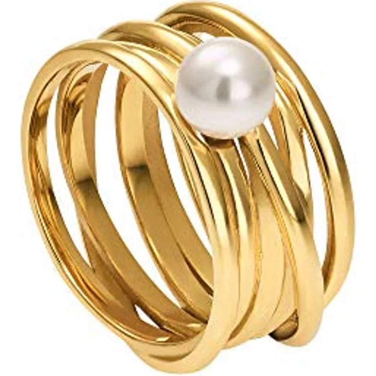 Heideman Damenring Serpens, Edelstahlring in Silber, Gold, Roségold, poliert mit weißer vergoldeter Perle, hypoallergen