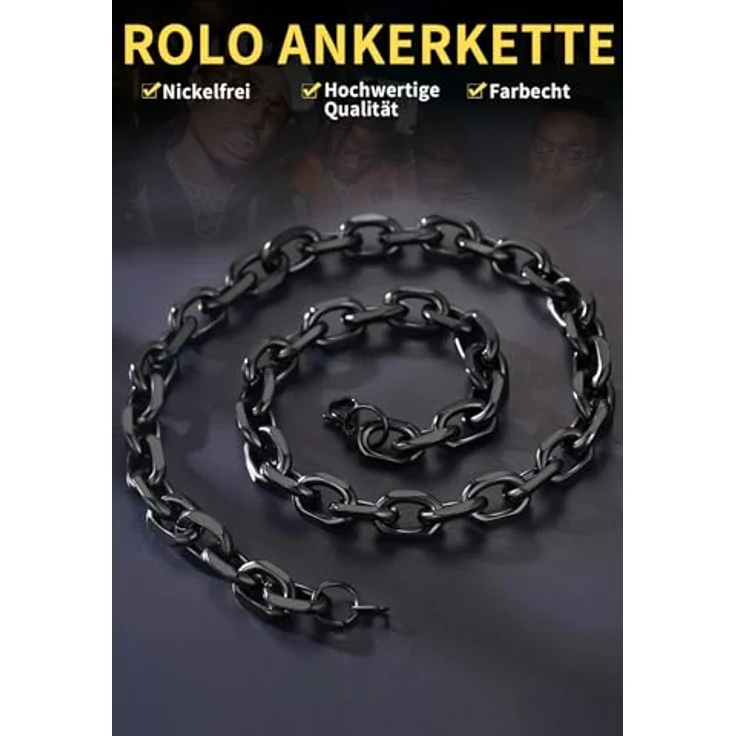 ChainsHouse Rolo Halskette für Herren, Schwarz, 12mm Gliederkette aus Edelstahl, 76cm O-Kette für Hip Hop Style – Bild 3