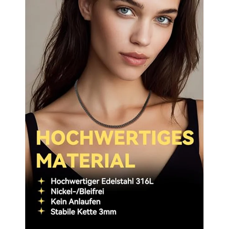 ChainsHouse Herren Panzerkette Halskette 3mm aus Edelstahl, 46cm, schwarz, antiallergisch, mit Karabinerverschluss – Bild 2