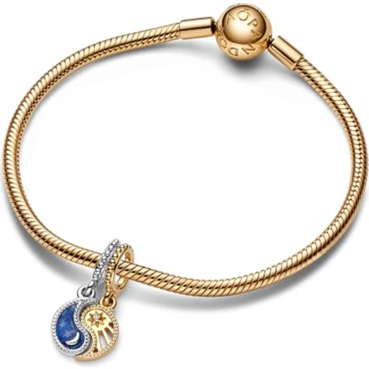 Pandora Charm Sonne Teilbarer Charm-& Mond aus 925 Sterlingsilber, goldplattiert mit Zirkonia und blauer Emaille, 20 mm – Bild 3