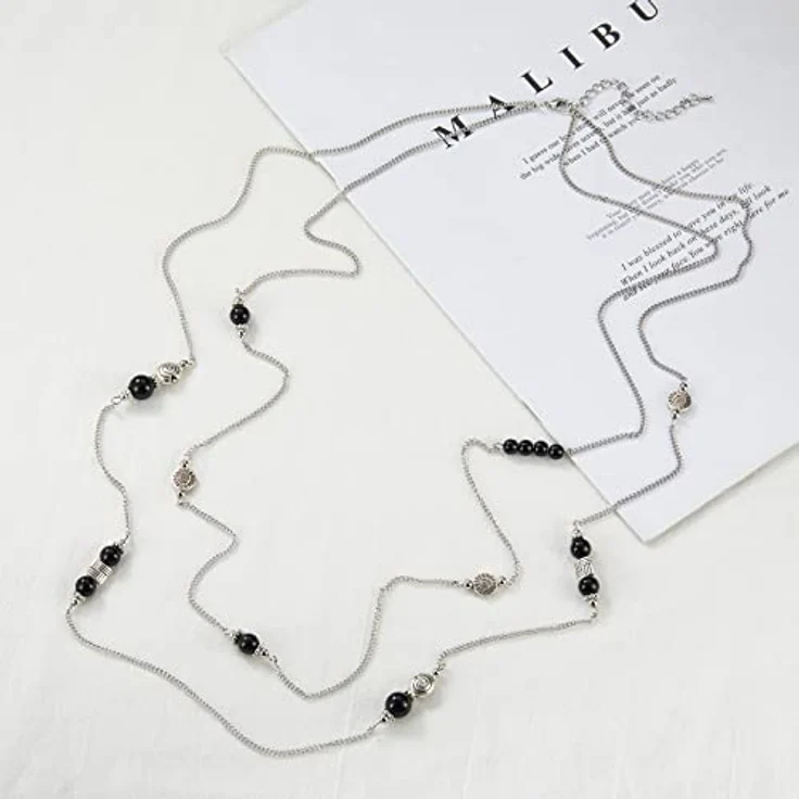 Bulinlin Damen Lange Perlen Kette Statement Halskette 36,5 Zoll mit Silber Anhänger - Modeschmuck in Schwarz als Geschenk für Frauen – Bild 4