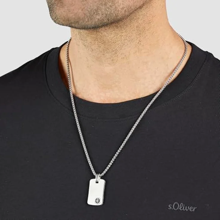 s.Oliver Herren Necklace - Halskette aus mattiertem Edelstahl mit Taganhänger - Silber - verstellbare Venezianerkette bis 60 cm - wasserfest & hautfreundlich – Bild 3
