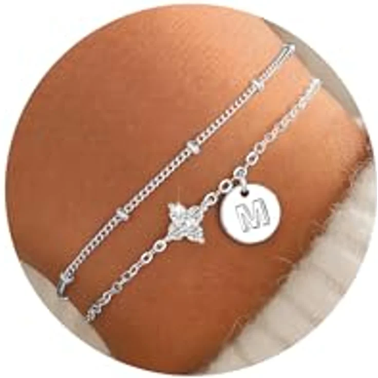TINGN Damen-Armband Silber, 14K Weißgold Vergoldetes vierblättriges Kleeblatt mit Buchstaben M, 15cm + 5cm Verlängerungskette, personalisiertes Schmuckstück für Frauen und Mädchen – Bild 1