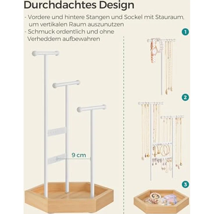 SONGMICS Schmuckständer JJS03NW, Schmuckhalter mit 4 Bereichen, Metall, für Ohrringe, Halsketten und Armbänder, weiß-naturbeige – Bild 4