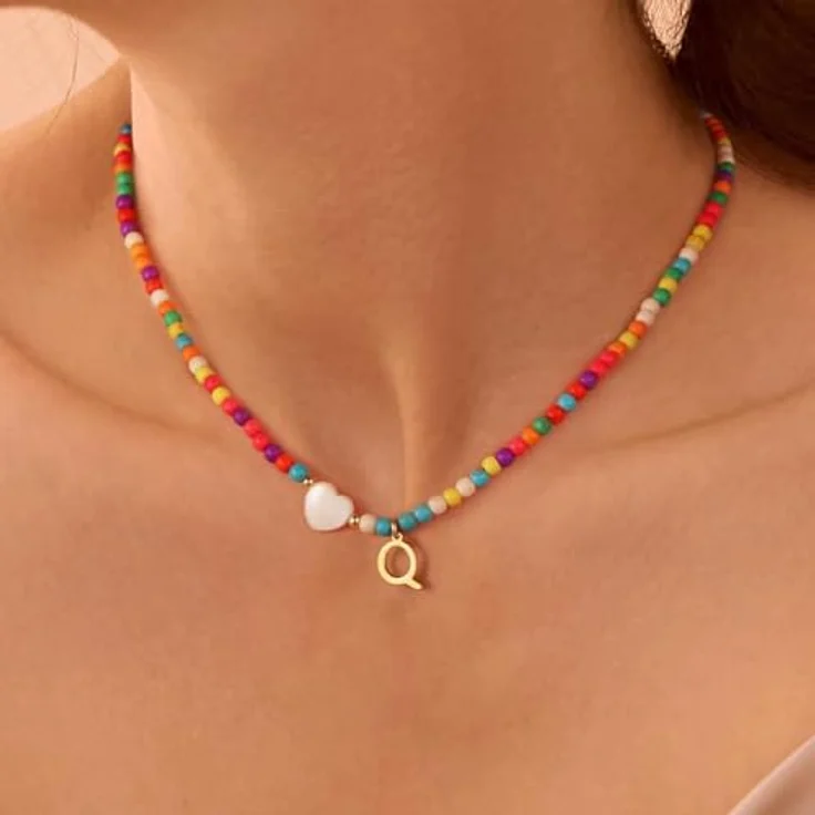 TINGN Bunte Buchstaben R Perlenkette, personalisierte 18k vergoldete Initialen, für Kinder und Teenager, 14+2 Zoll, handgefertigt aus Türkisperlen und Muschelherzen – Bild 2