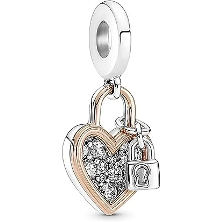 PANDORA Herzschloss Doppelter Charm-Anhänger, Sterling-Silber und 14 Karat Rosévergoldet mit Cubic Zirkonia, Gravur „Together always“