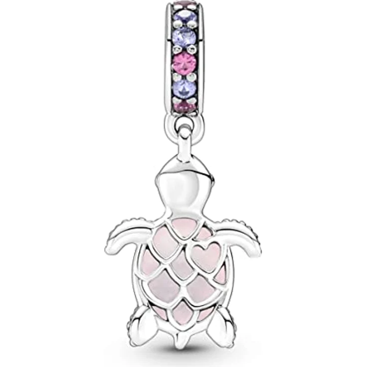 Pandora Murano Glass Pink Sea Turtle Dangle Charm 798939C02, Sterling-Silber mit mattem Rosa und violetten Kristallen, einzigartiges Design mit ausgestanztem Herz – Bild 2