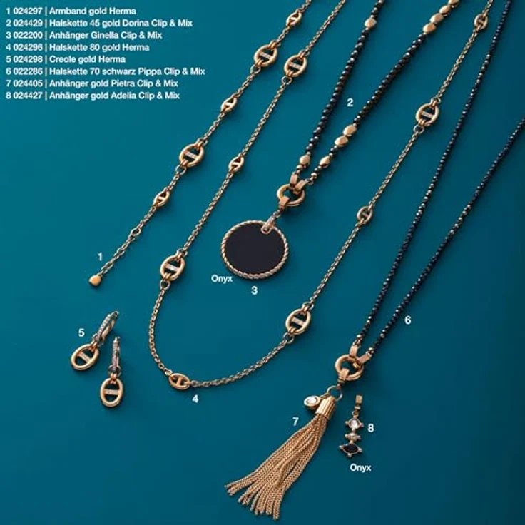 JEWELS BY LEONARDO Clip & Mix Adelia, Ketten-Anhänger aus goldfarbenem Edelstahl mit klarem Glasstein, weißen Imitationsperle und schwarzem Onyx, 3,1 x 1 x 0,6 cm – Bild 5