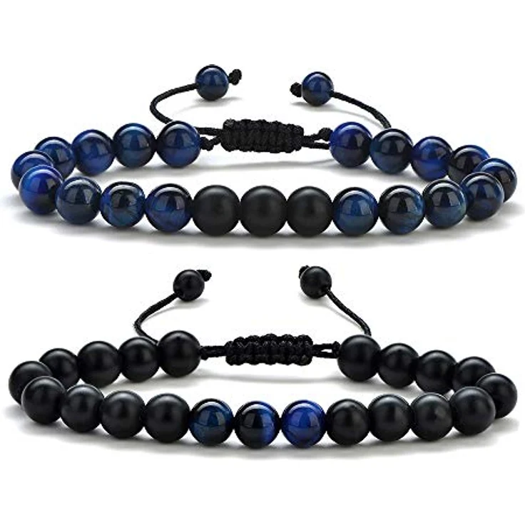 TINGN Tigerauge Armband, Blau, Mattiert, 8mm, Herren Armband für Stressabbau und Meditation, verstellbare Kordel – Bild 1